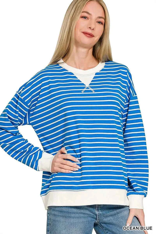 Zenana Contrast Striped Round Neck Sweatshirt OCEAN BLUE 825e5de5de834f13bf7ea8f144eccb5c-Max-Origin