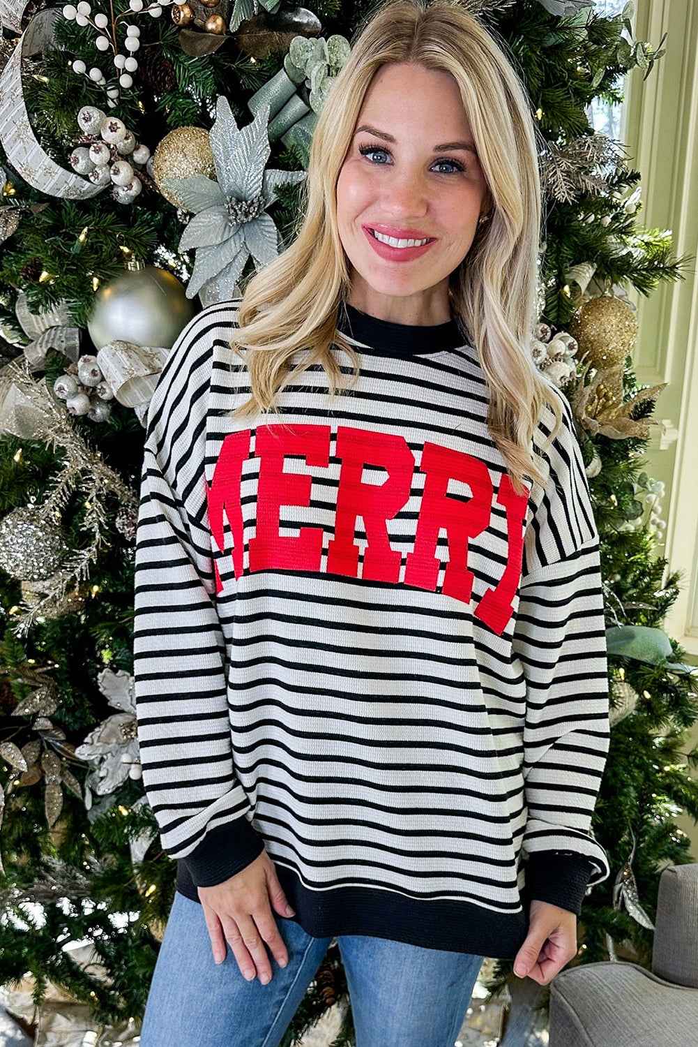 Black Stripe MERRY Letter Print Christmas Sweatshirt 825f478243f19f7b
