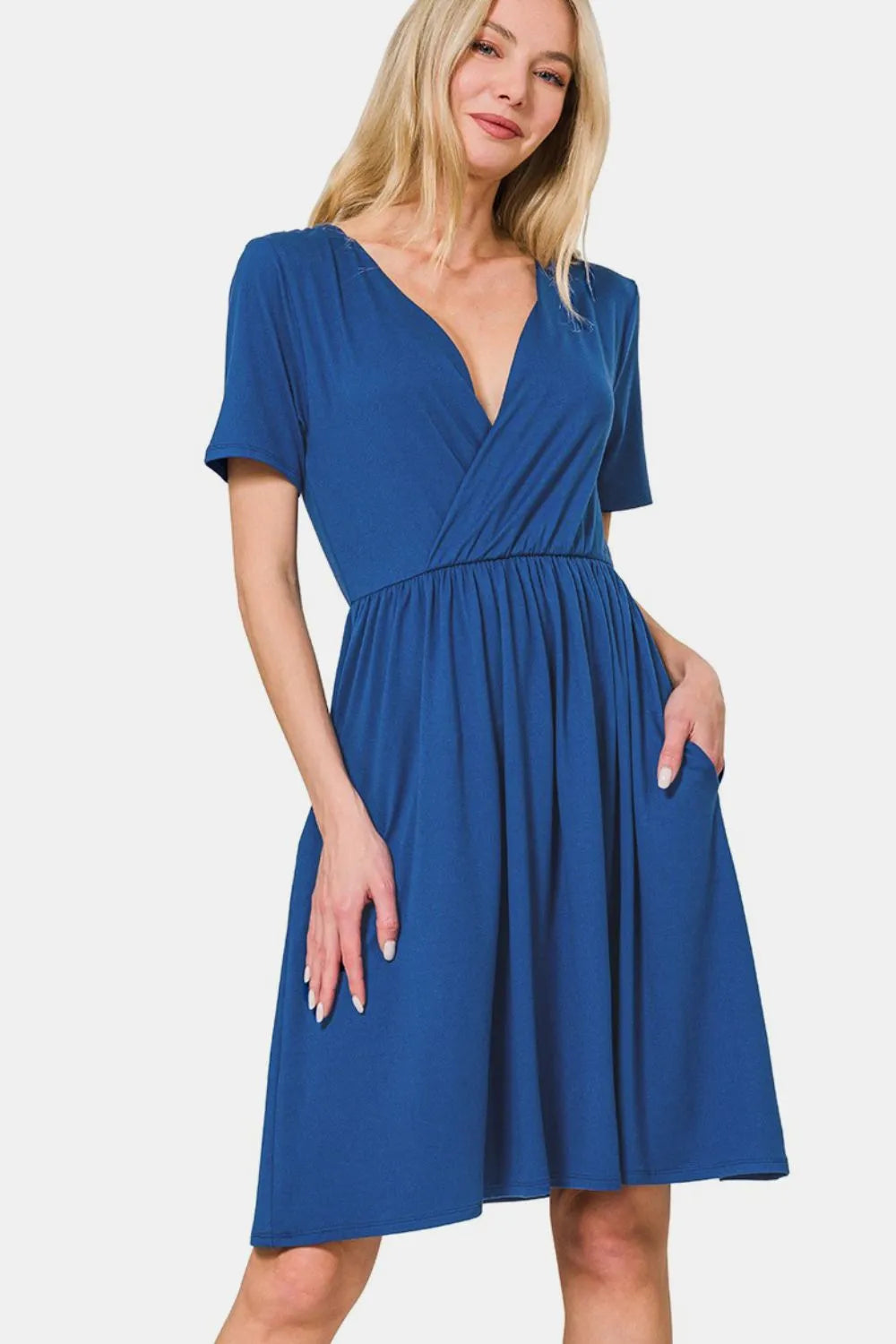 Zenana Surplice Short Sleeve Brushed DTY Dress 826018a1-16a2-46ad-9d72-d73ba25db583-Max