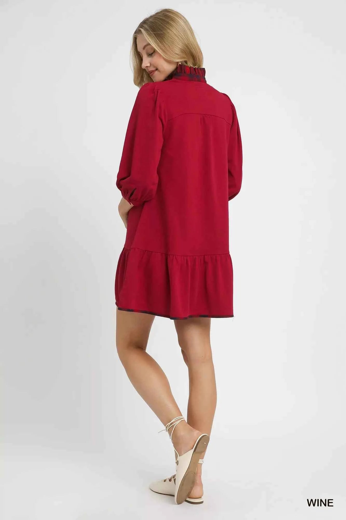 Umgee French Terry Ruffle Hem Dress with Plaid Trim 82633d36-bbe6-4345-a755-ef4e740af325-Max-Origin