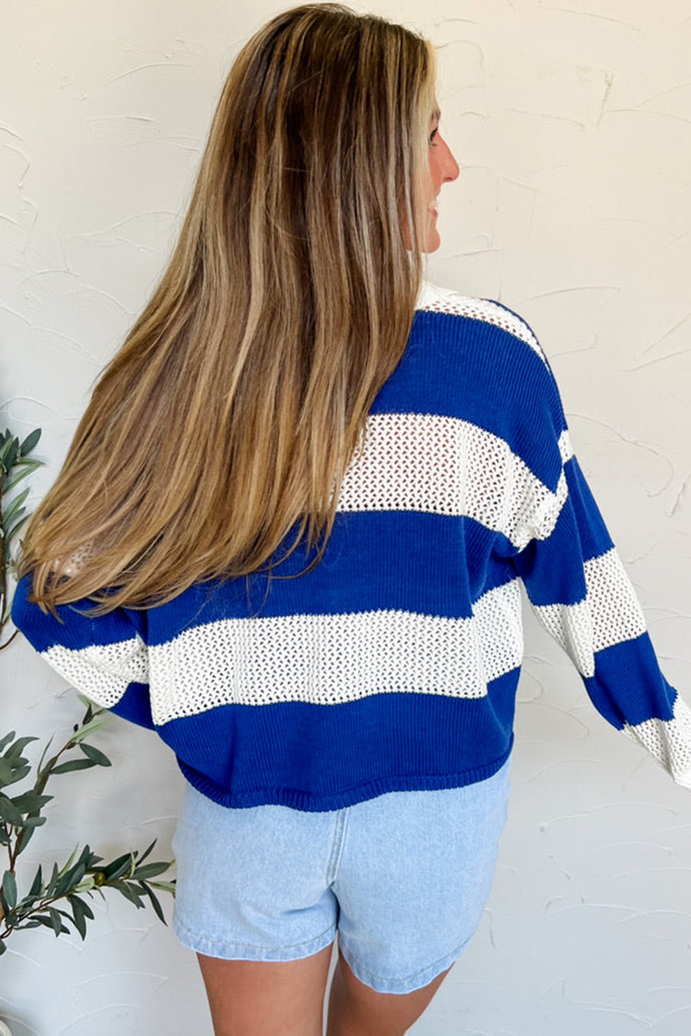 Blue Stripe Colorblock Polo Collar Eyelet Crochet Knit Sweater 826508042441580e