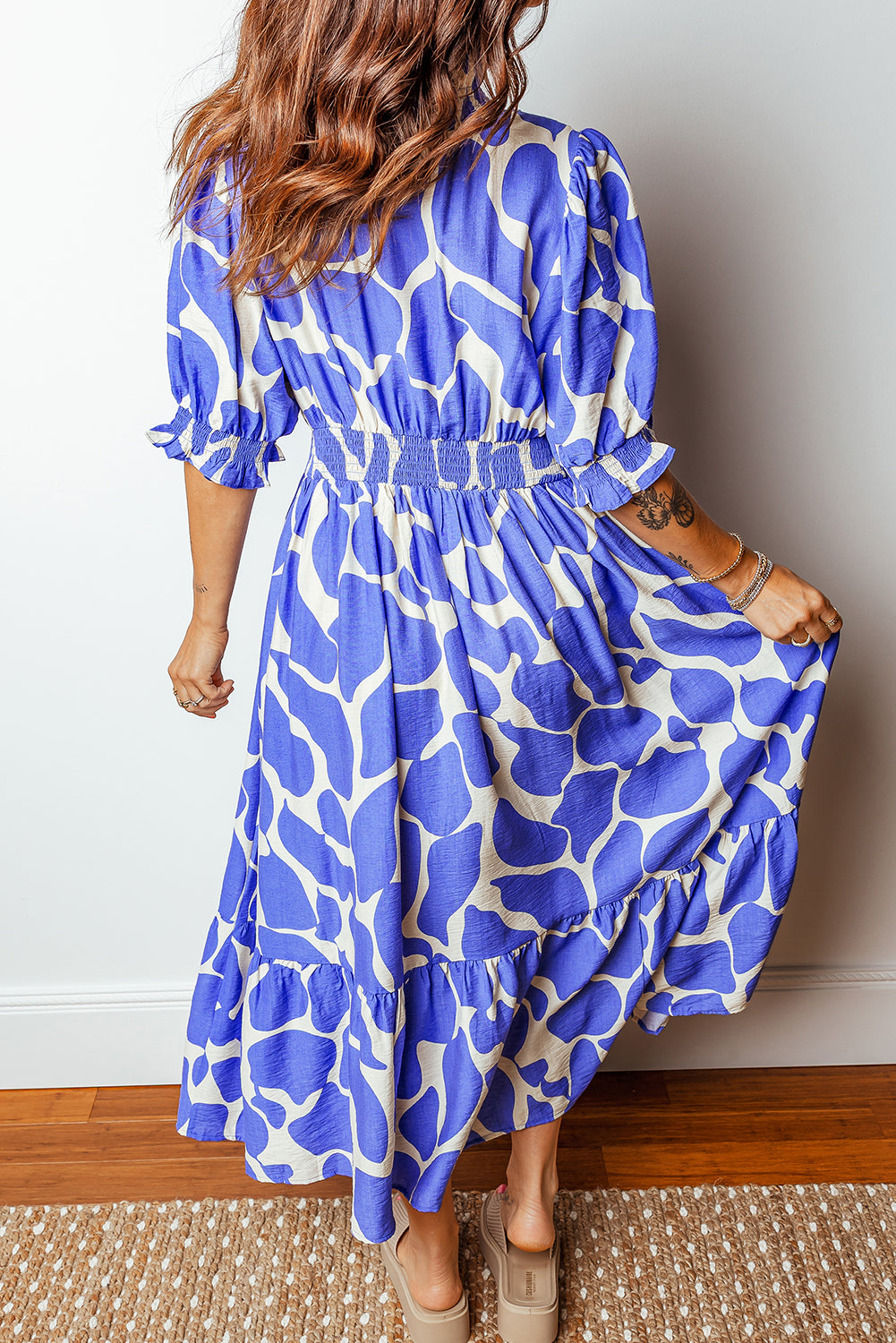Sky Blue Abstract Print Smocked Waist Puff Half Sleeve Maxi Dress 82650d322b936d83
