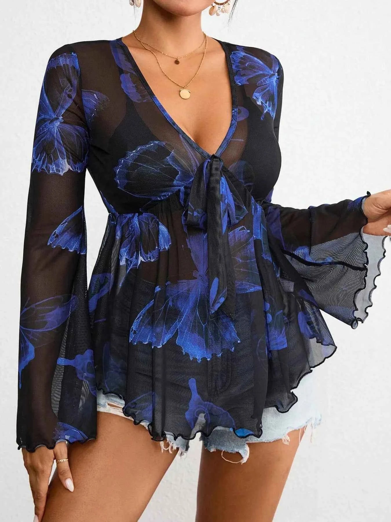 Tie-Front Flare Sleeve Blouse 826a1b6e969c4df69816e31c1e40203a-Max-Origin