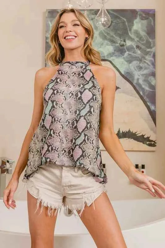 BiBi Snakeskin Print Low Gauge Knit Halter Neck Top 82703e6376bf4810946ac41216338b60-Max-Origin