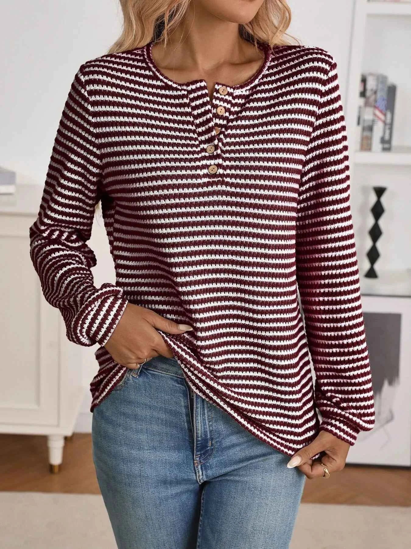Striped Button Detail Long Sleeve Top Wine Red 82705c948504421e9abc8abcae64c043-Max-Origin