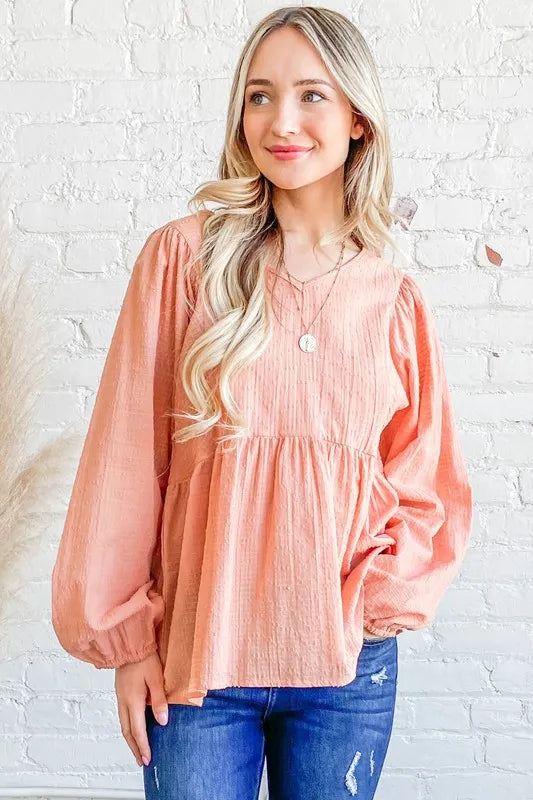 Textured V-Neck Babydoll Blouse with Ruffled Sleeves 8273a2471b714e97b891272fac7bc69b-Max-Origin