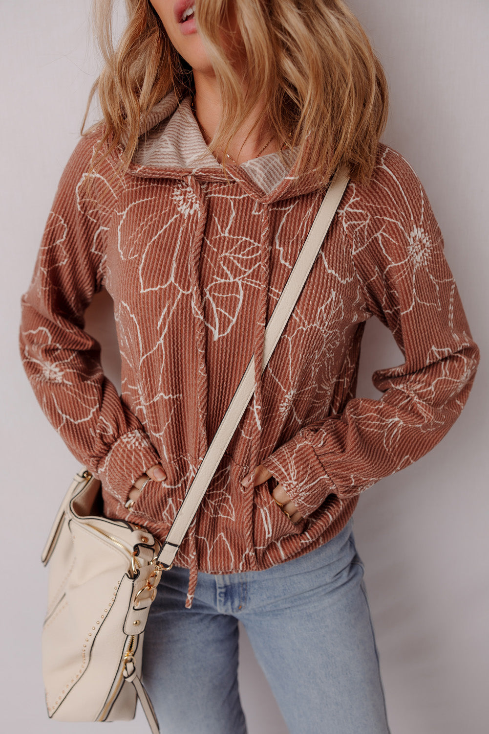 Brown Floral Twisted Rib Drawstring Kangaroo Pocket Hooded Top 8273b2474c36550a
