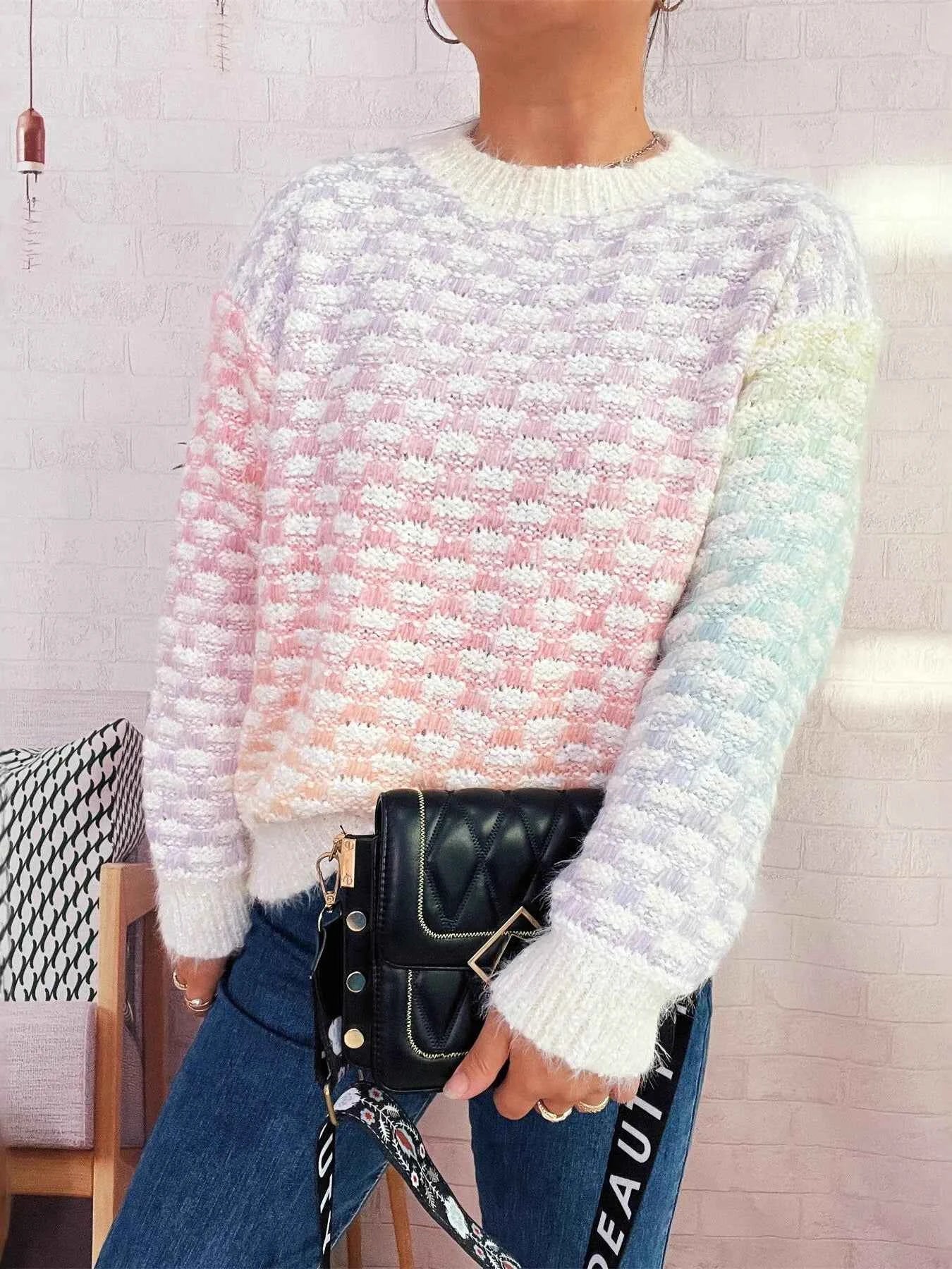 Rainbow Gradient Round Neck Sweater 827493235604418fb724602717ba7258-Max-Origin