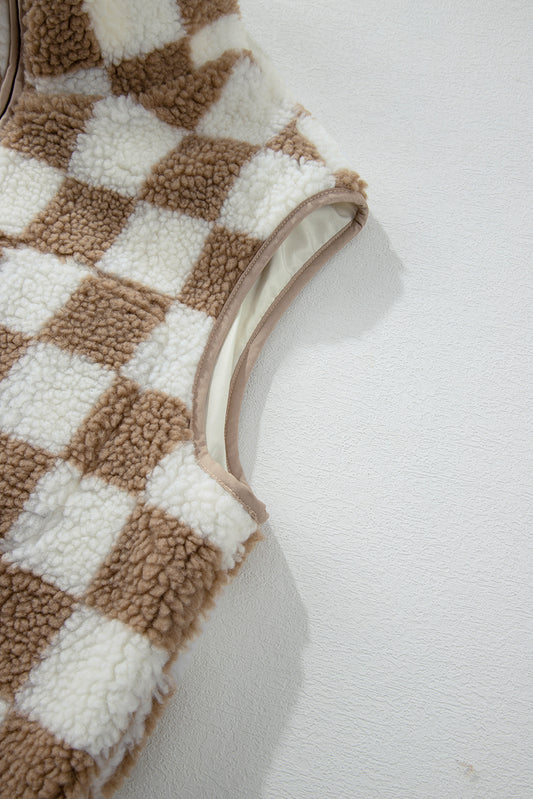 Khaki Checkered Sherpa Collared Jacket Vest Khaki 100%Polyester 8282d807d1ab653d