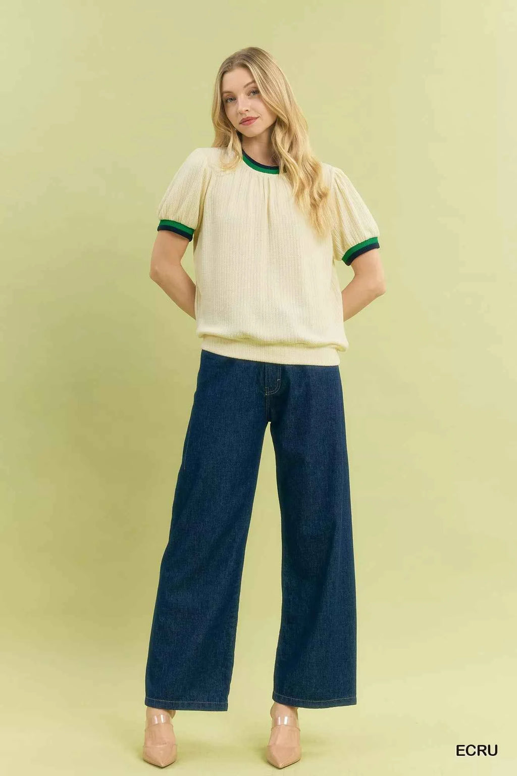 Umgee Puff Sleeve Knit Top with Contrast Rib Trim