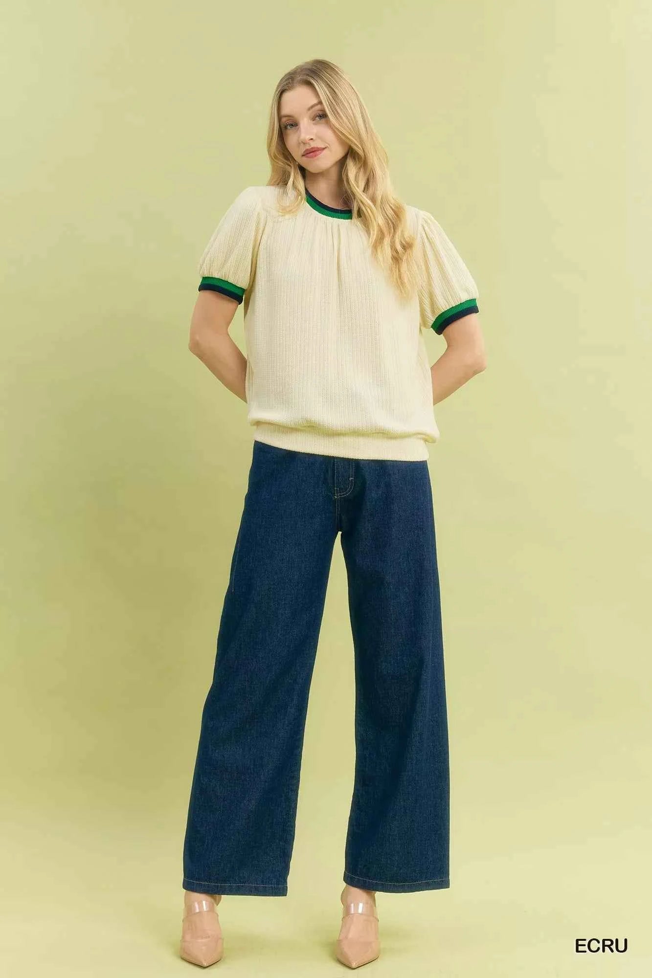 Puff Sleeve Knit Top with Contrast Rib Trim 828446e3-7103-4780-b01f-dd46fae213b4-Max-Origin