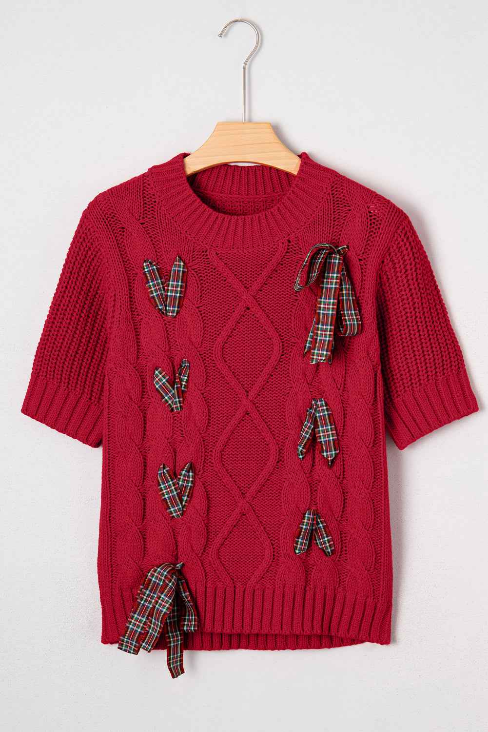 Fiery Red Plaid Lace-up Detail Christmas Holiday Puff Short Sleeve Sweater 8289045bf9738832