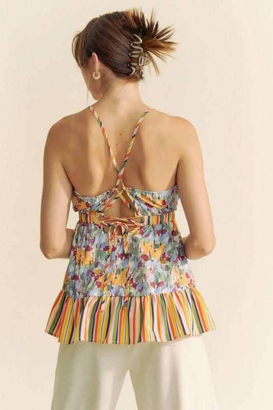 Davi & Dani Floral Smocked Sleeveless Ruffle Back Tie Top