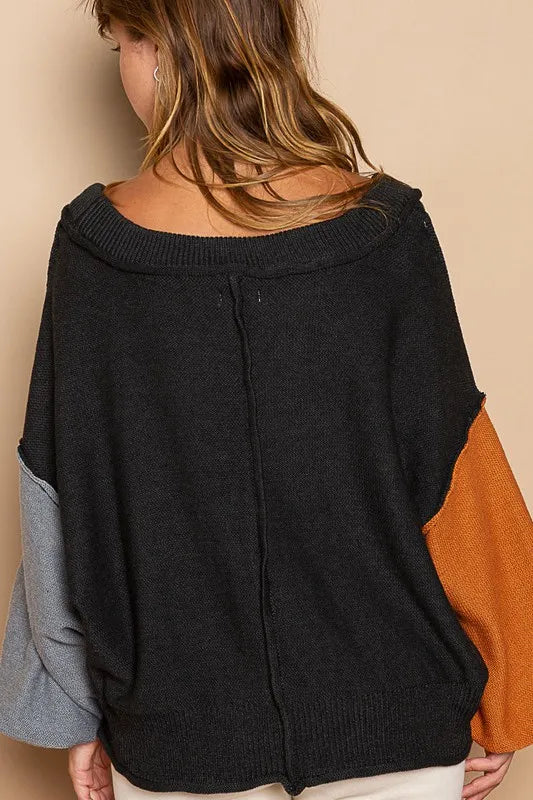POL Exposed Seam Roll Edge Color Block V Neck Sweater 828cf9fe-a37d-48c5-8617-6f331ef463e2-Max