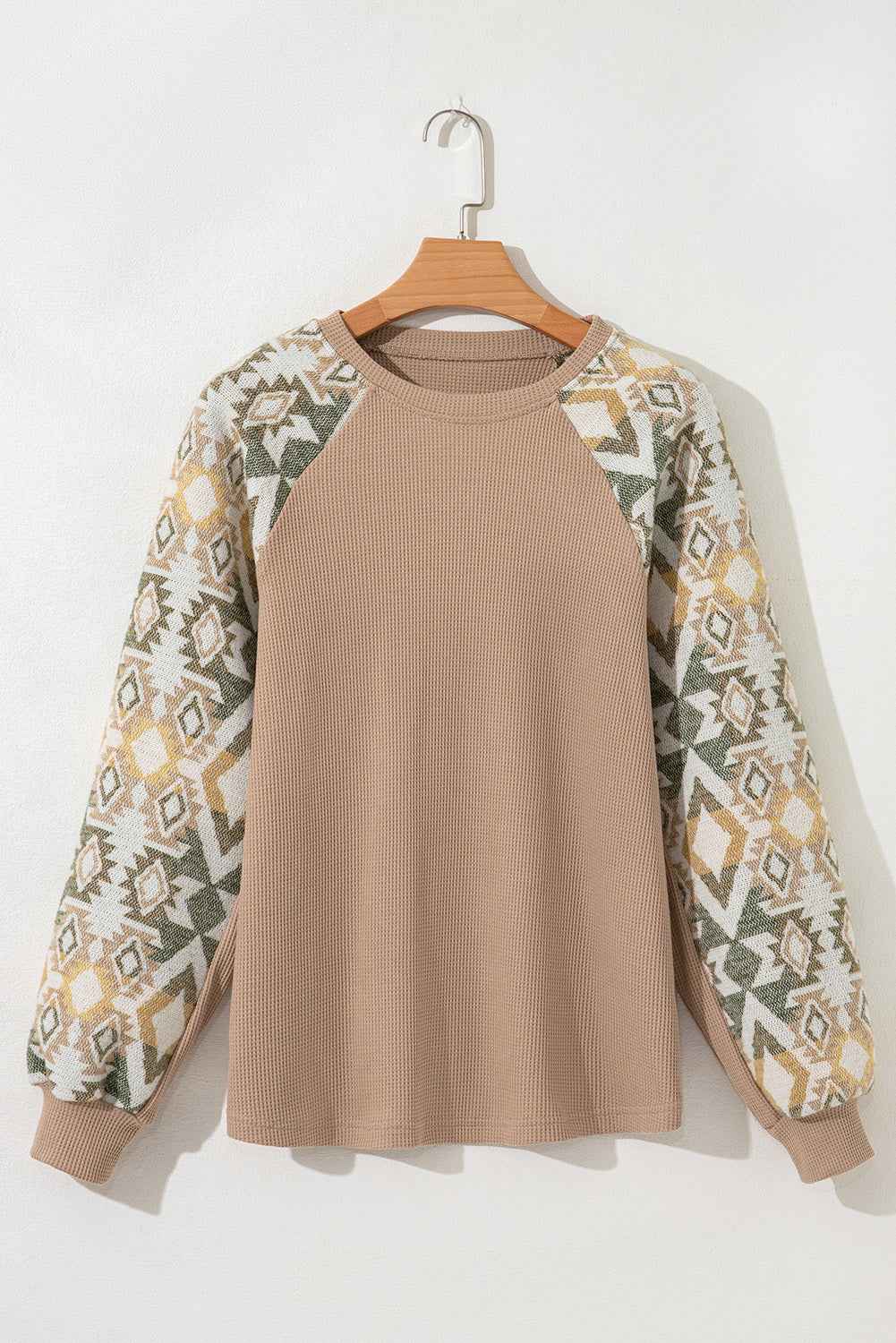 Smoke Gray Waffle Patchwork Geometric Raglan Sleeve Top 828ed914cb3fe04b