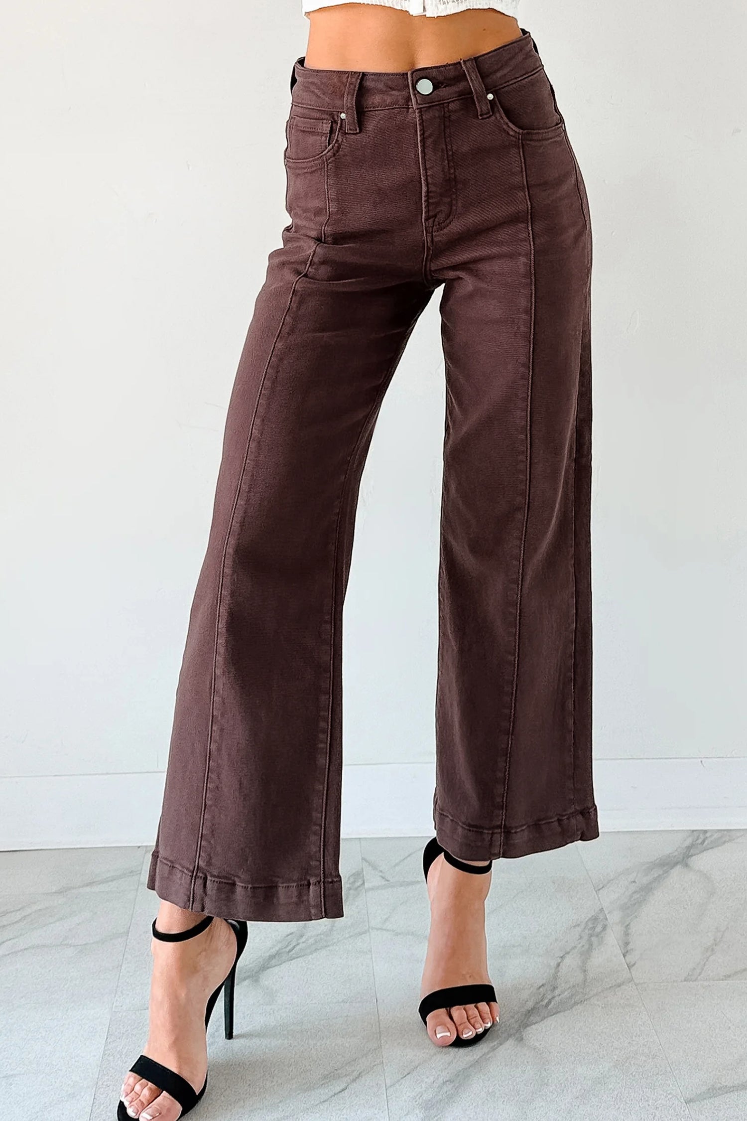 Apricot Solid Color Seamed Center Wide Leg Cropped Jeans 8291865a31f6eaf9