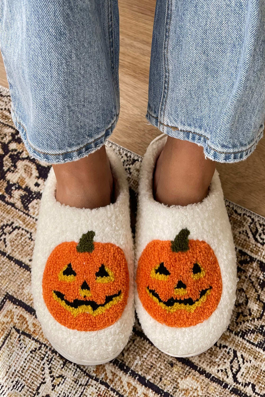 White Halloween Pumpkin Print Plush Slippers 8299f324a7663f91