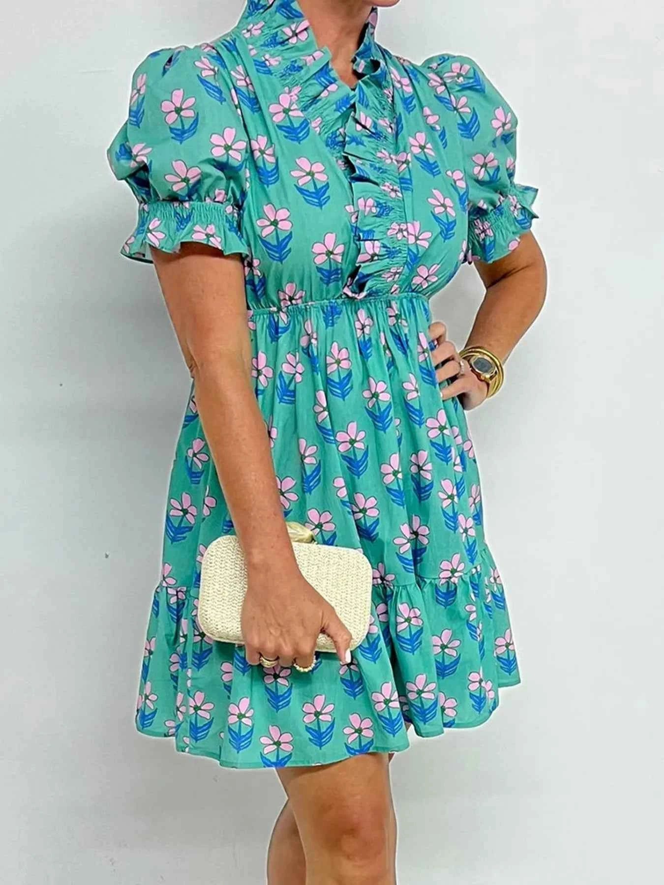 Floral Print Puff Sleeve Shirt Dress Turquoise 829c15cf23ae457bb61b95aed60d9d34-Max-Origin