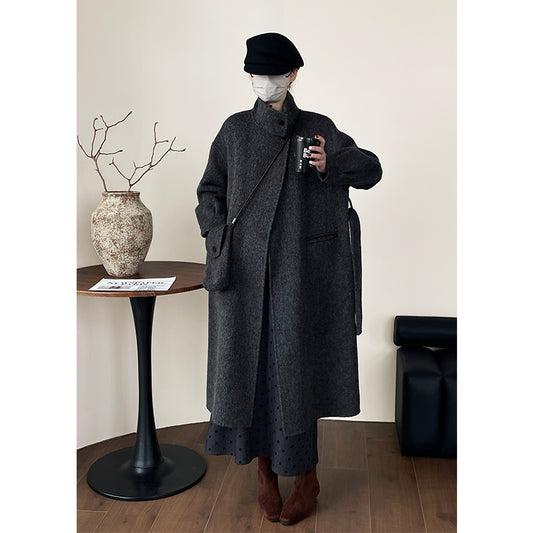 Premium Grey Double-Sided Wool Belted Coat