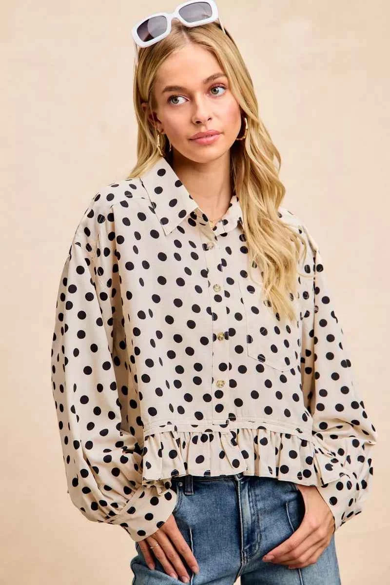 BiBi Crinkle Polka Dot Ruffled Hem Button Up Shirt Top 82a3b48163814ae694114afe902886da-Max-Origin