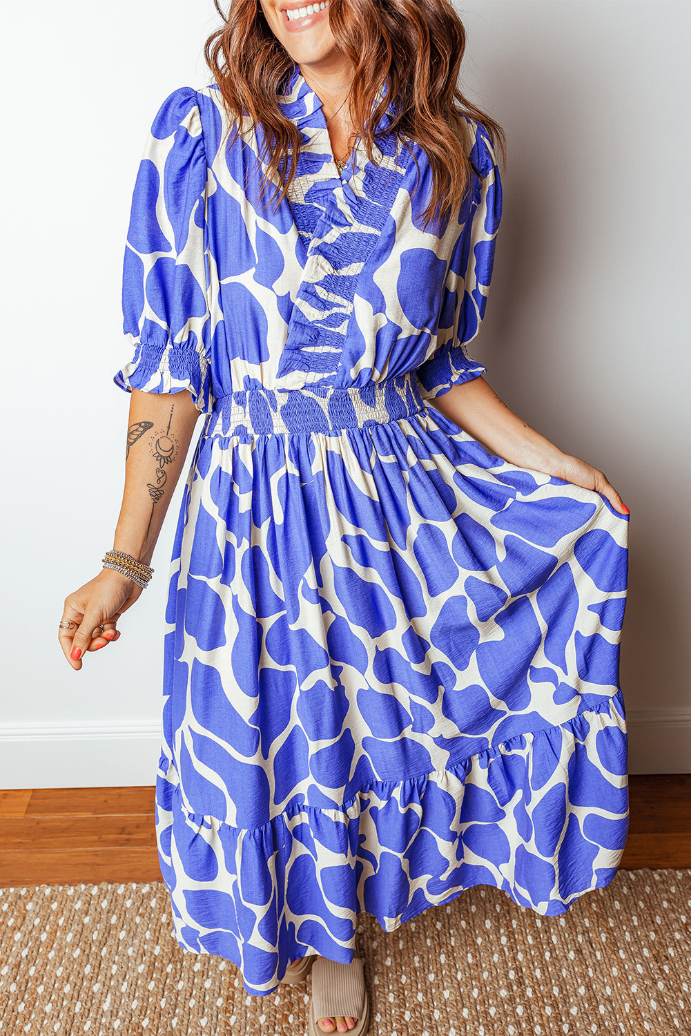 Sky Blue Abstract Print Smocked Waist Puff Half Sleeve Maxi Dress Sky Blue 89%Viscose+11%Polyamide 82a41f63e4c16663