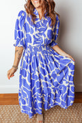 Sky Blue Abstract Print Smocked Waist Puff Half Sleeve Maxi Dress Sky Blue 89%Viscose+11%Polyamide 82a41f63e4c16663