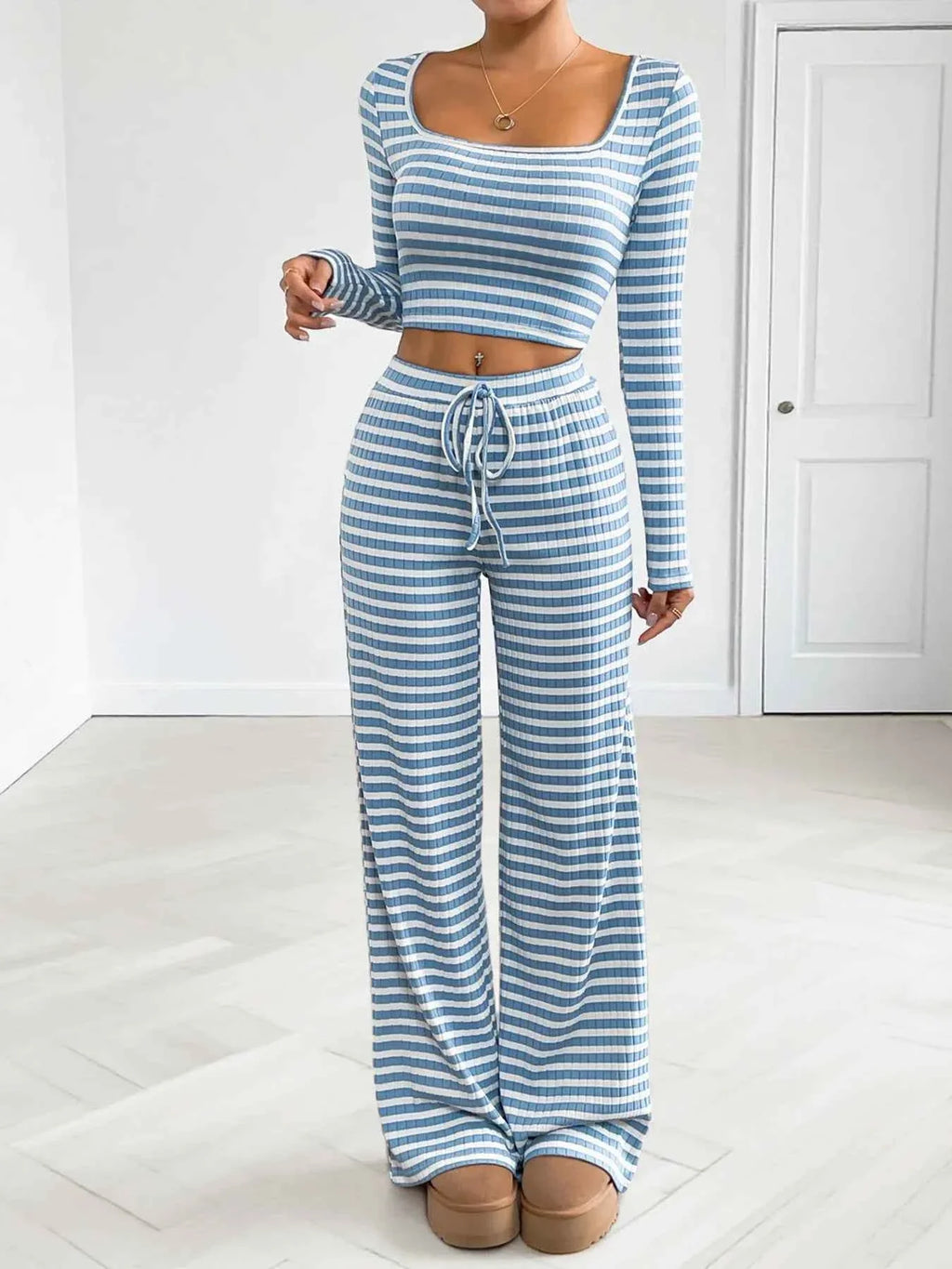 Striped Square Neck Long Sleeve Top and Pants Lounge Set 82a462ed12d546fcb3aca8d86d865dcf-Max-Origin