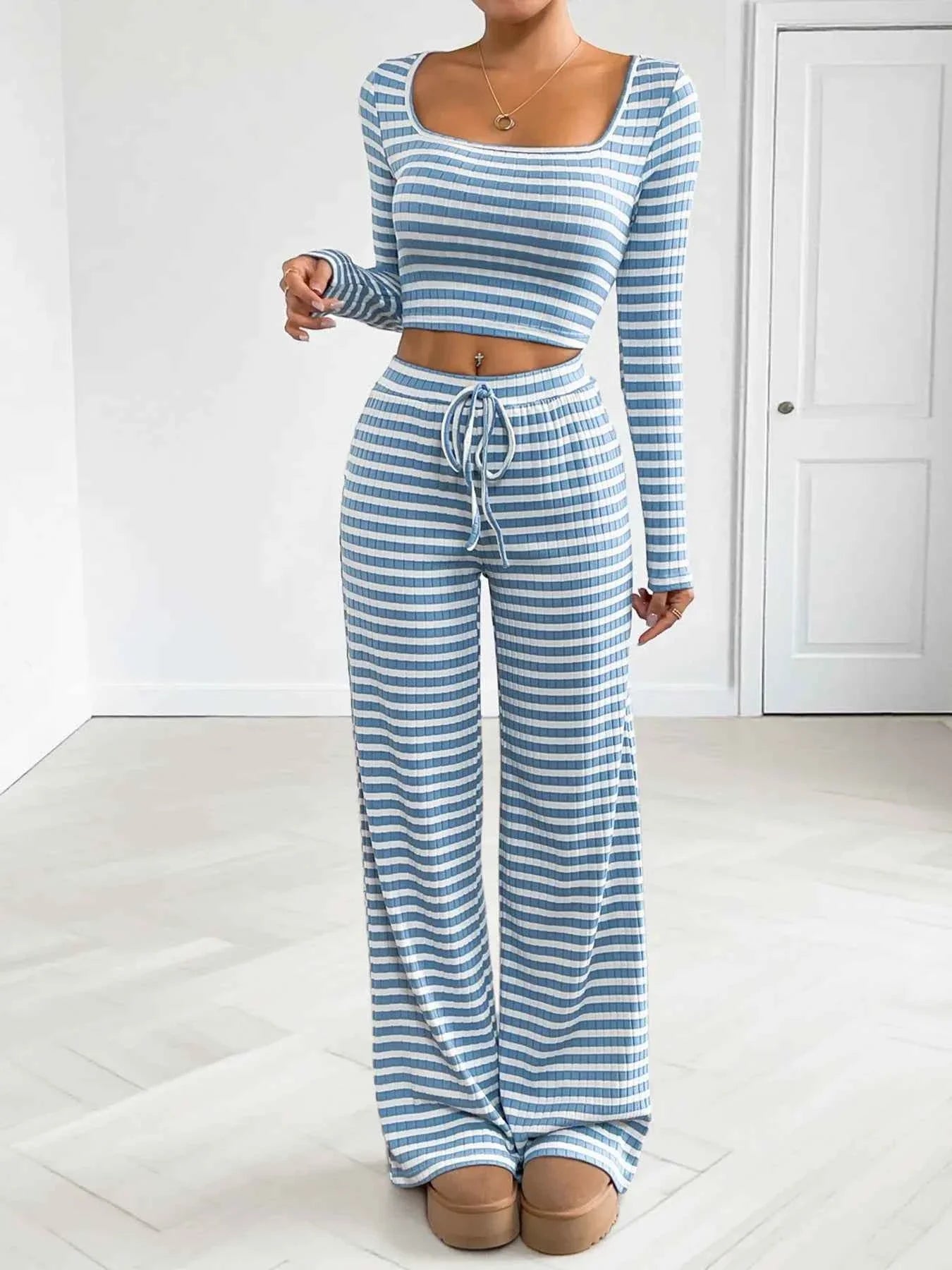 Striped Square Neck Long Sleeve Top and Pants Lounge Set 82a462ed12d546fcb3aca8d86d865dcf-Max-Origin