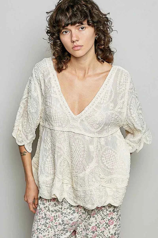 POL V-Neck Crochet Blouse with Scalloped Hem NATURAL 82aedb43-2511-41d0-bb19-96acc4be6465-Max-Origin