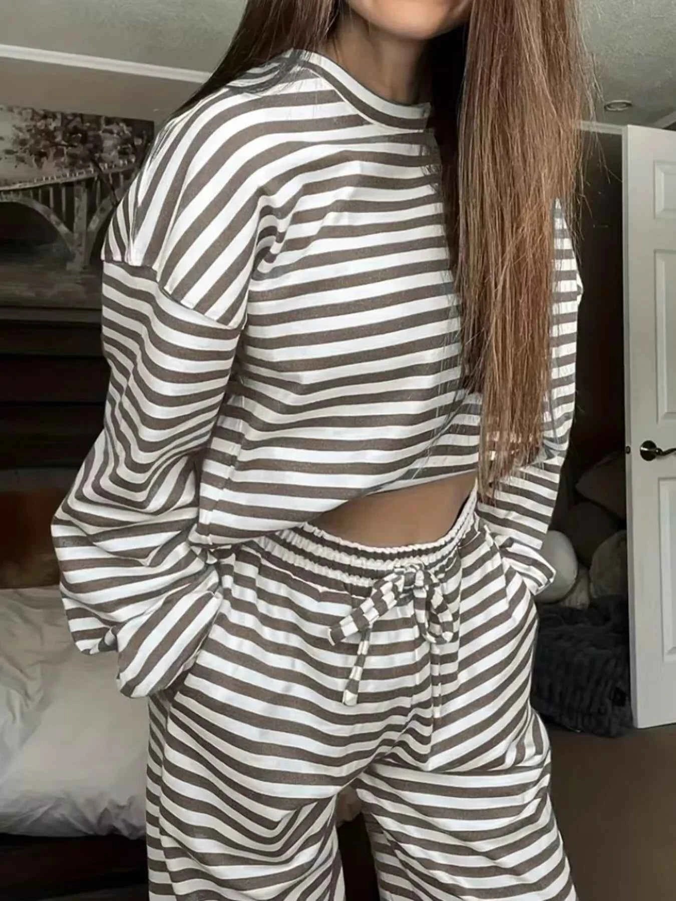 Striped Long Sleeve Top and Pants Set Khaki 82af2ea4ef5949c3bc91932eff9a4362-Max-Origin