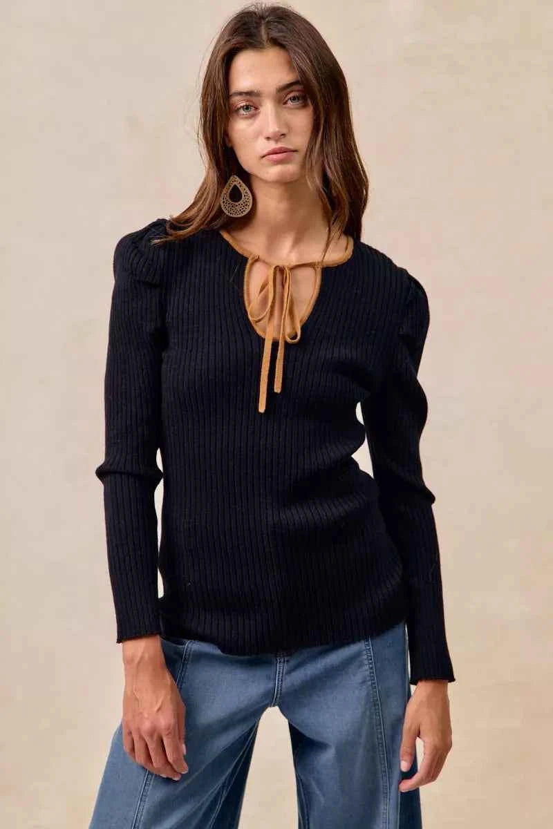 BiBi Ribbed Contrast Front Tied Top with Shrried BLACK CAMEL 82b27b1fbe1e4561843e7ef3549ee7a7-Max-Origin