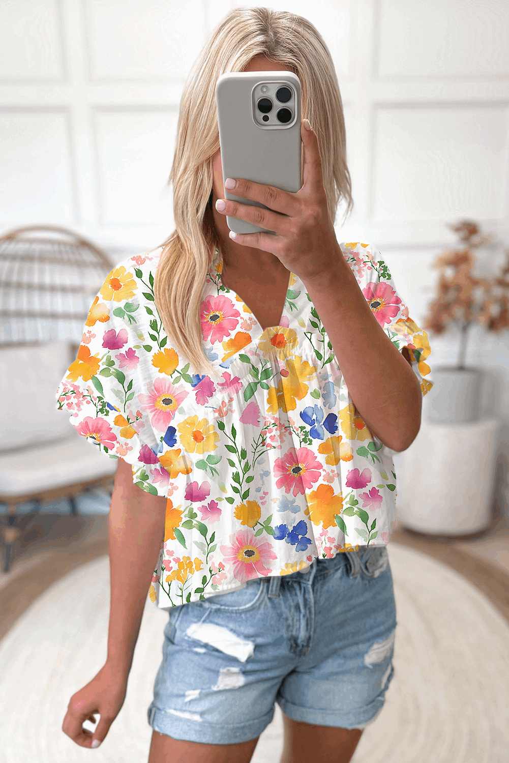 Yellow Allover Floral Print Boxy Fit V Neck Blouse 82b2b3e510063215-_5