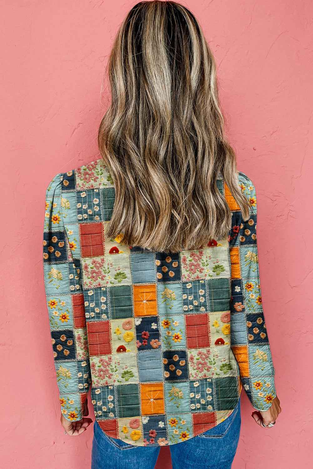 Sky Blue Fall Floral Half Placket Collared V Neck Blouse 82b7ca9477668dc6