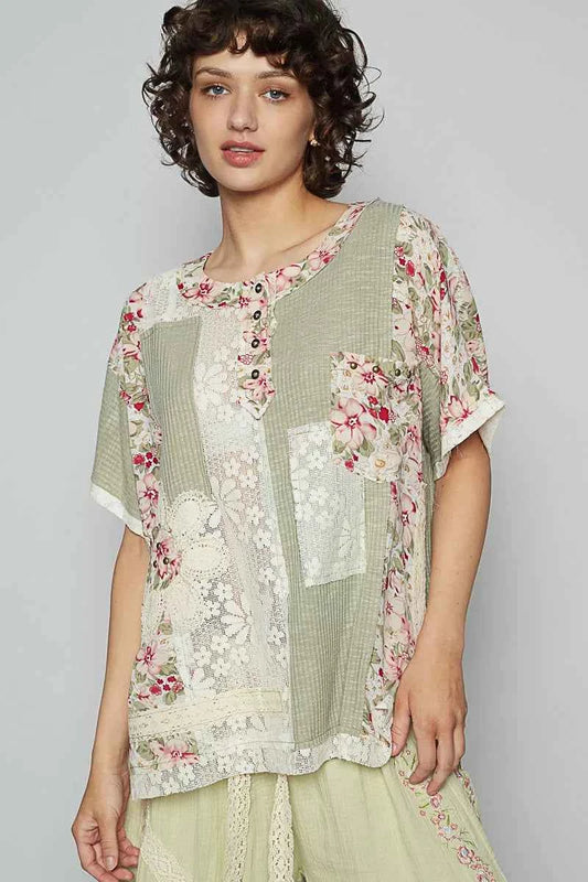 Lace Round Neck Short Sleeve Floral Pattern Top with Patch Detail Sage 82b95e03-fc20-4e24-b9a0-8d27b8843714-Max-Origin