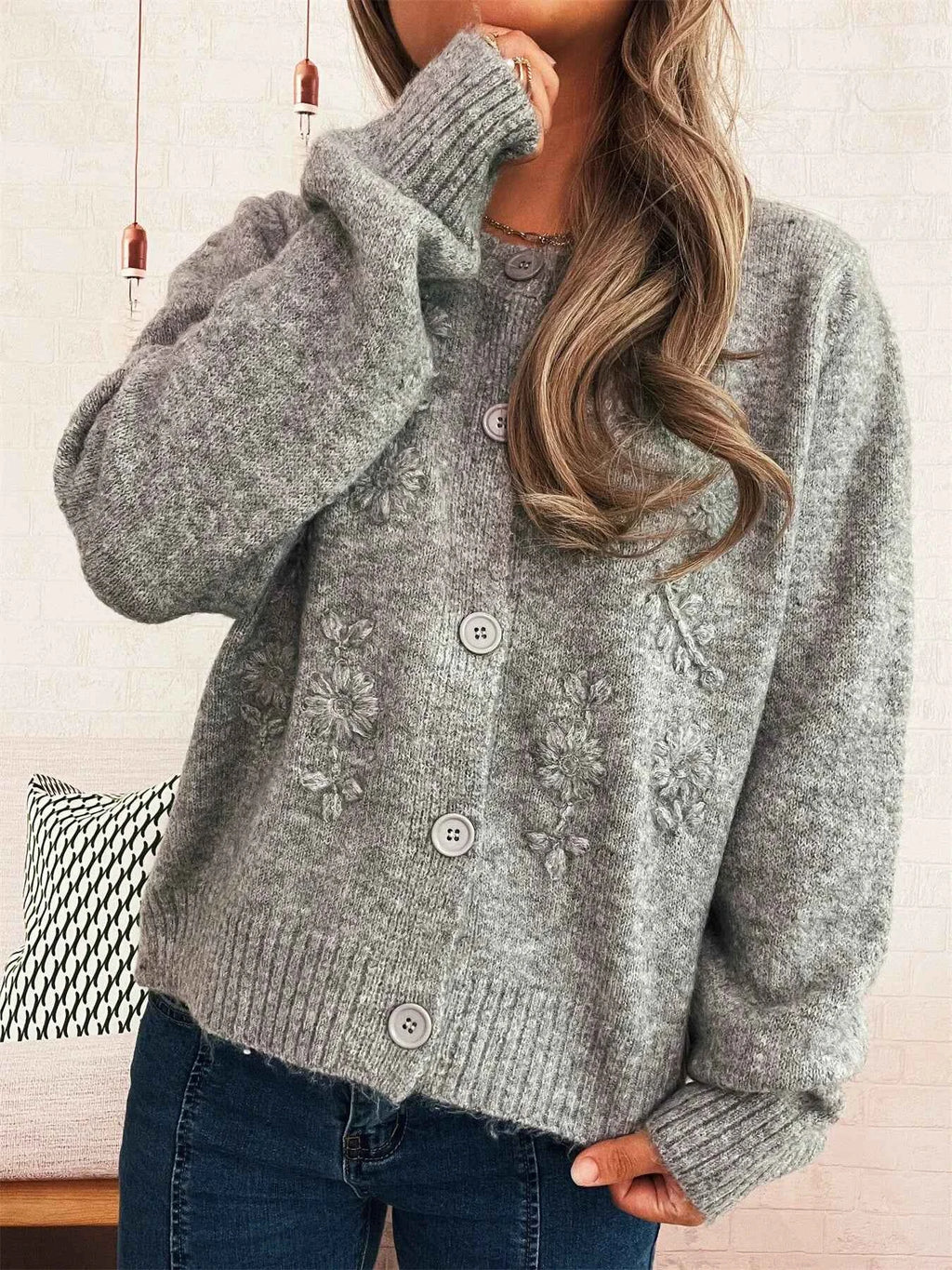 Flower Button Up Ribbed Hem Cardigan 82ba991370184b0da1052230ac1eca15-Max-Origin