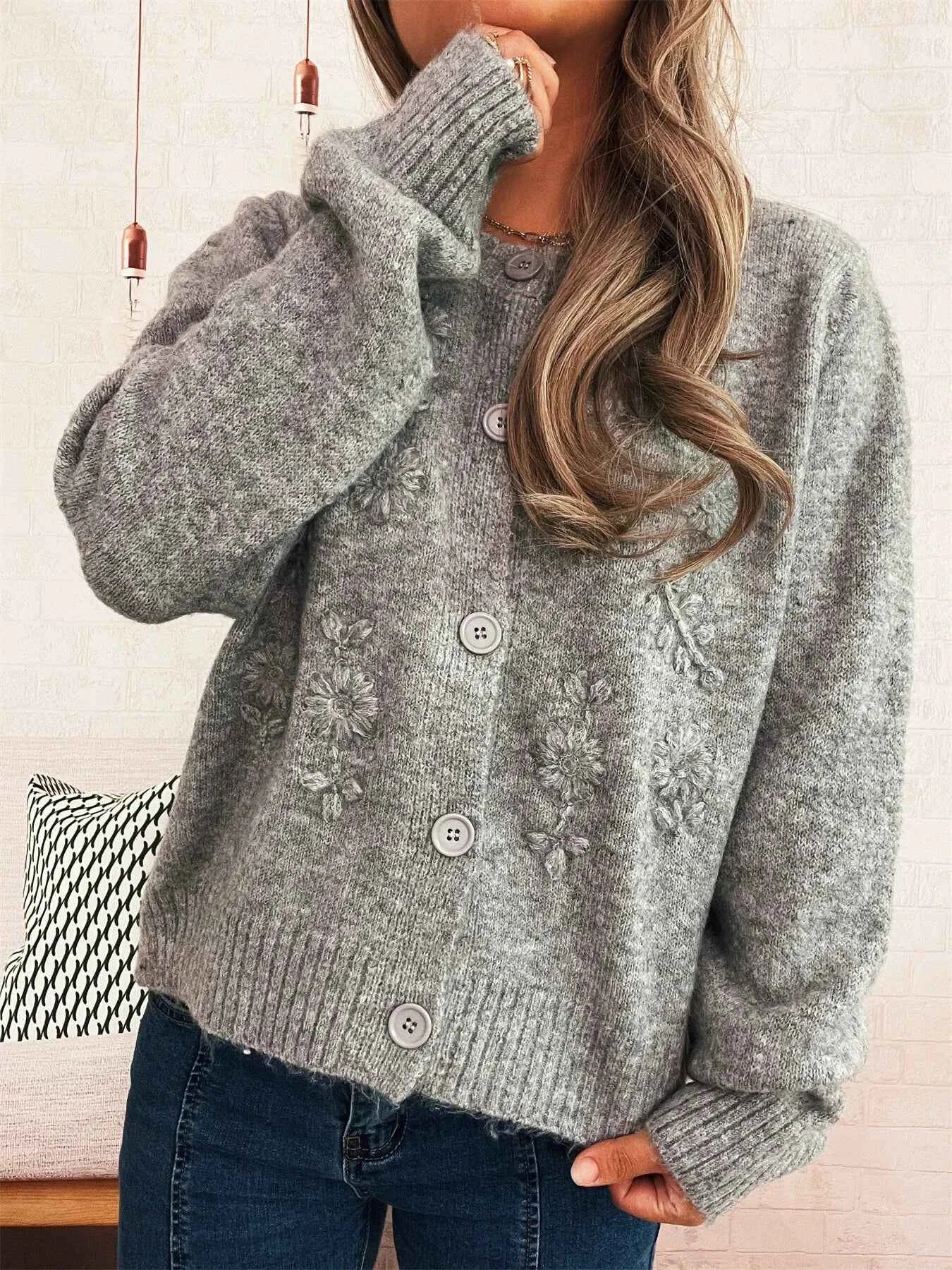 Flower Button Up Ribbed Hem Cardigan 82ba991370184b0da1052230ac1eca15-Max-Origin