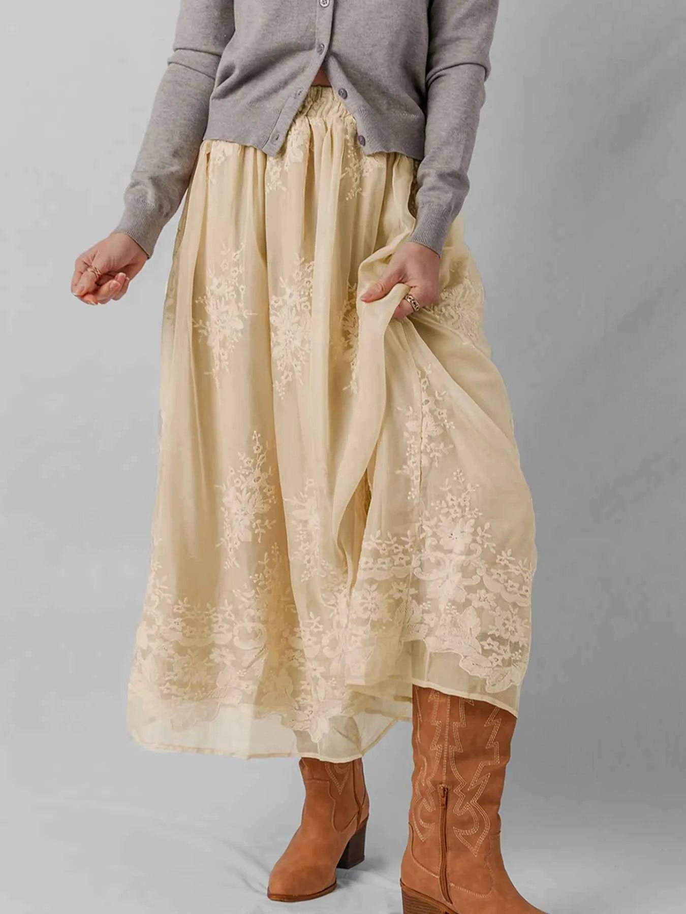 Embroidered Mesh Overlay Flowy Midi Skirt 82bdd5f63a9d4a6d89918f7f850dddae-Max-Origin