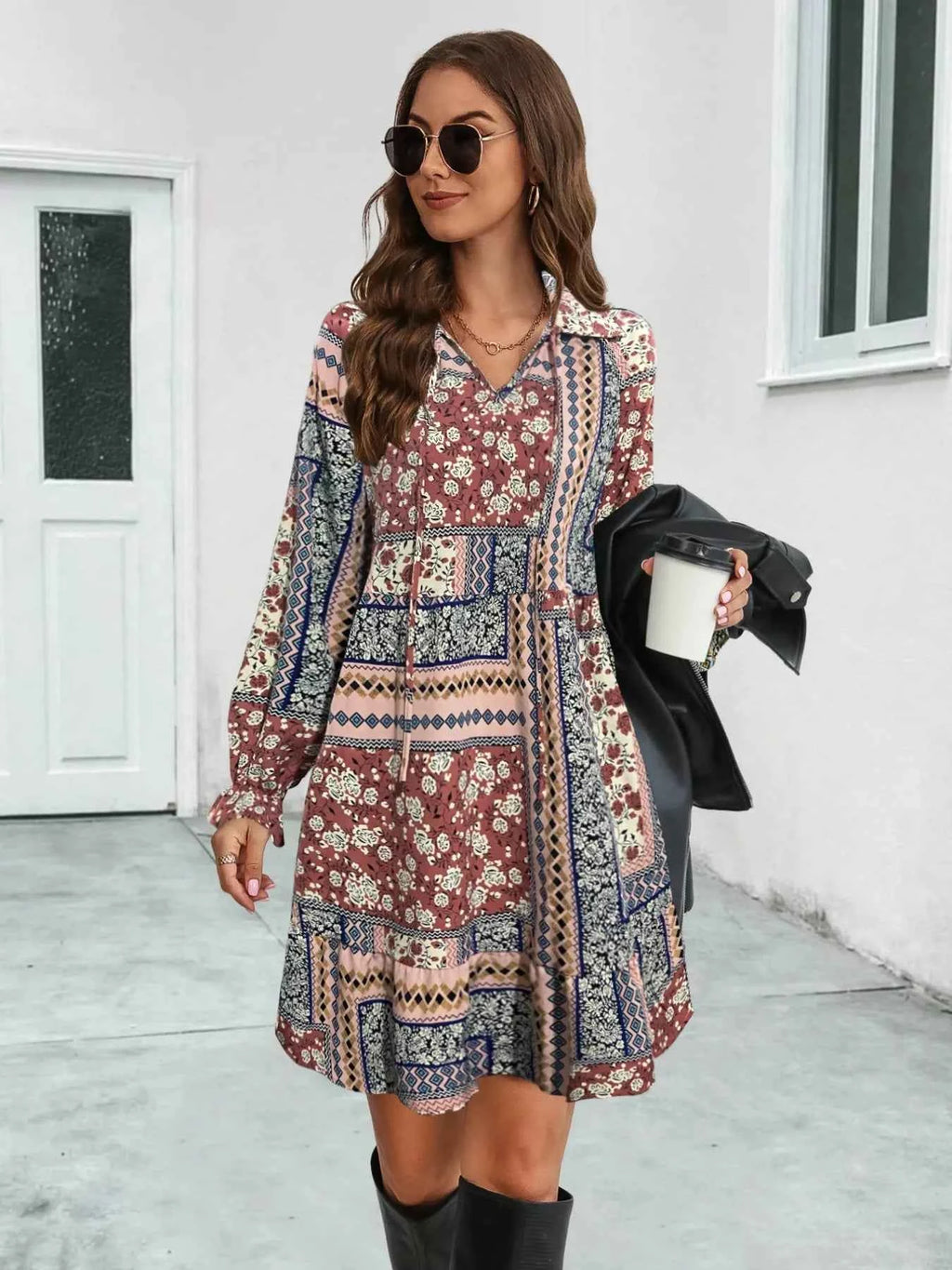 Boho Floral Print Long Sleeve Mini Dress Ochre 82becce3-2819-45f8-944d-cf06edd7168c-Max-Origin