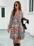 Boho Floral Print Long Sleeve Mini Dress Ochre 82becce3-2819-45f8-944d-cf06edd7168c-Max-Origin