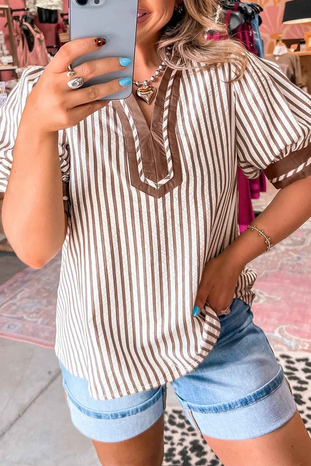 Khaki Stripe Collared Split Neck Short Bubble Sleeve Blouse Khaki Stripe 50%Polyester+50%Viscose 82bfe08f51bf26dc