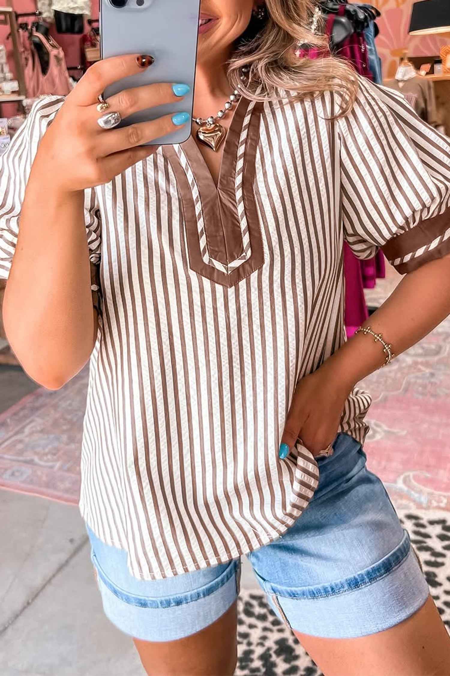 Khaki Stripe Collared Split Neck Short Bubble Sleeve Blouse Khaki Stripe 50%Polyester+50%Viscose 82bfe08f51bf26dc