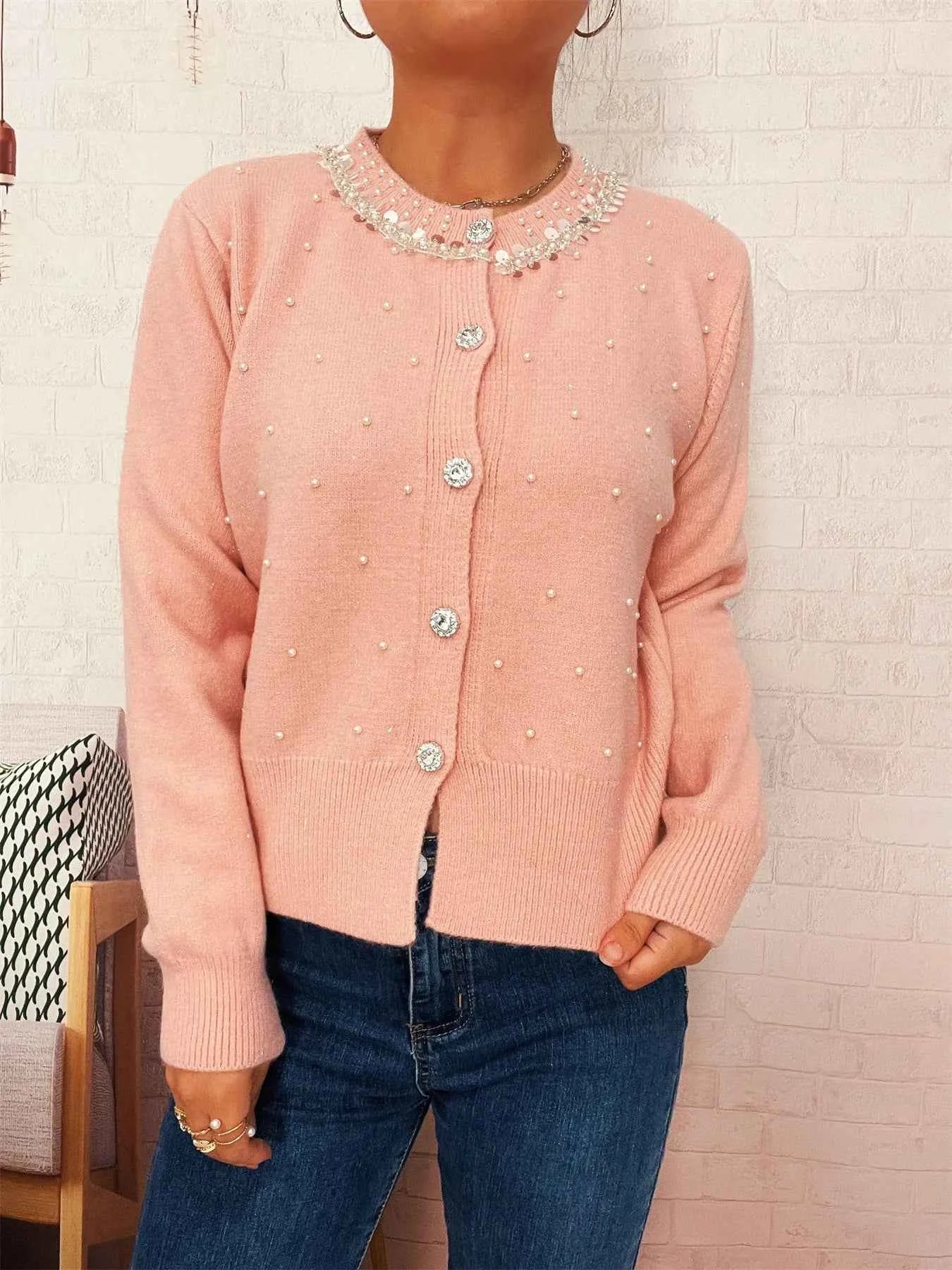 Pearl Detail Button-Front Cardigan Pink One Size 82bfe32399d0461d922893d2956624e6-Max-Origin