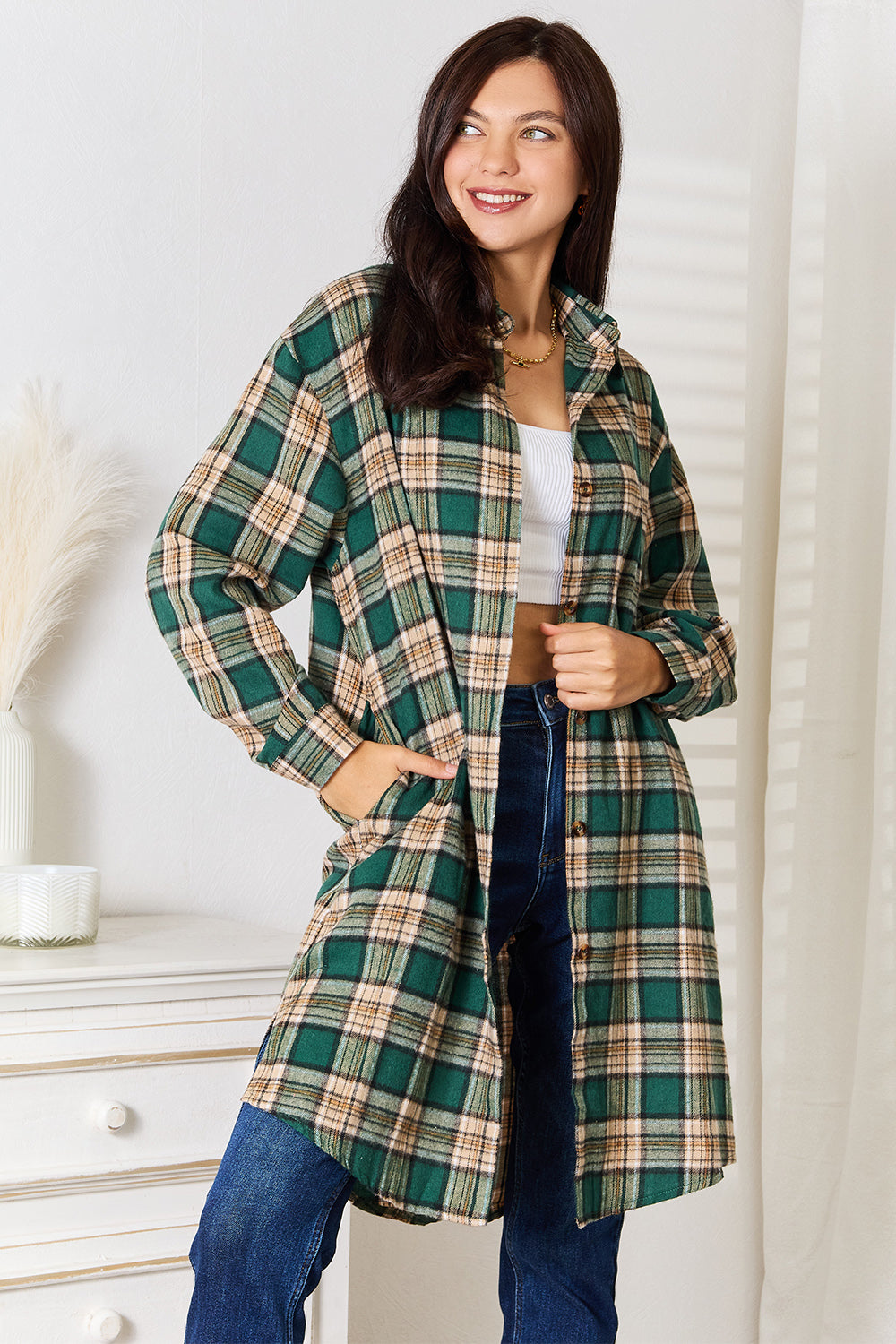 Mandy Plaid Collared Neck Long Sleeve Shirt Dark Green 82c2cbff83b34e119e920c0eca9abd69-Max