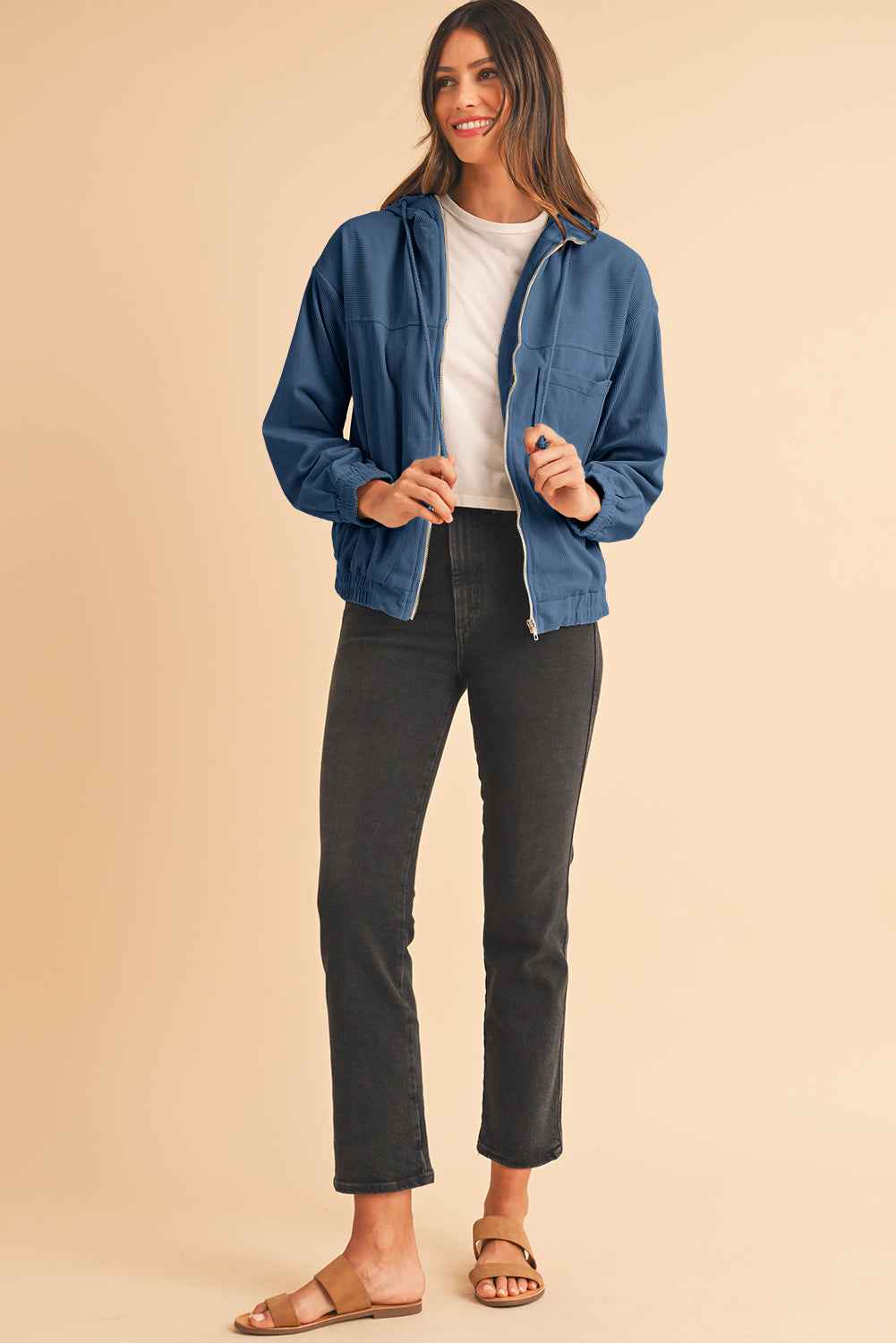 Real Teal Corduroy Drawstring Hooded Pocket Zip Up Jacket 82cacd69a39743cb