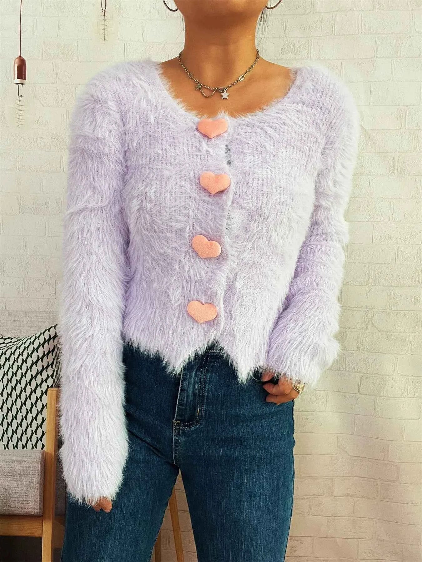 Fuzzy Heart Shape Button-Up Cardigan 82caf5a5391c4aa5823f9b2ee83a956c-Max-Origin