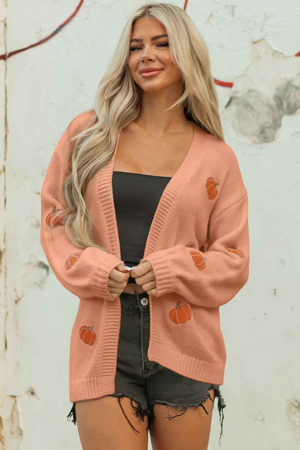 Light Pink Christmas Tree Print Open Front Drop Shoulder Knit Cardigan 82cd27941bcc37b4