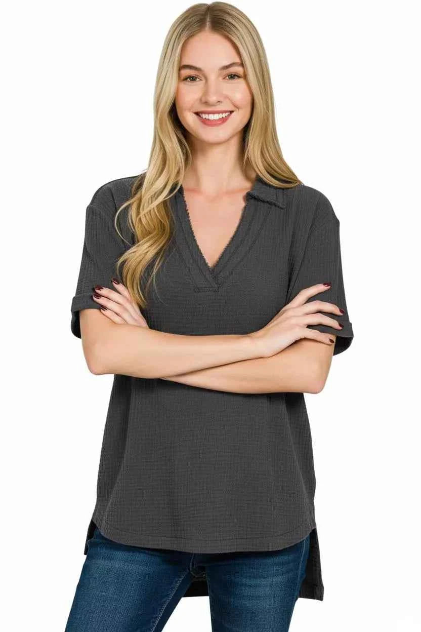 Zenana Double Gauze Short Sleeve High-Low Top 82d088f6-cc32-41ba-a02b-11562742d13b-Max-Origin