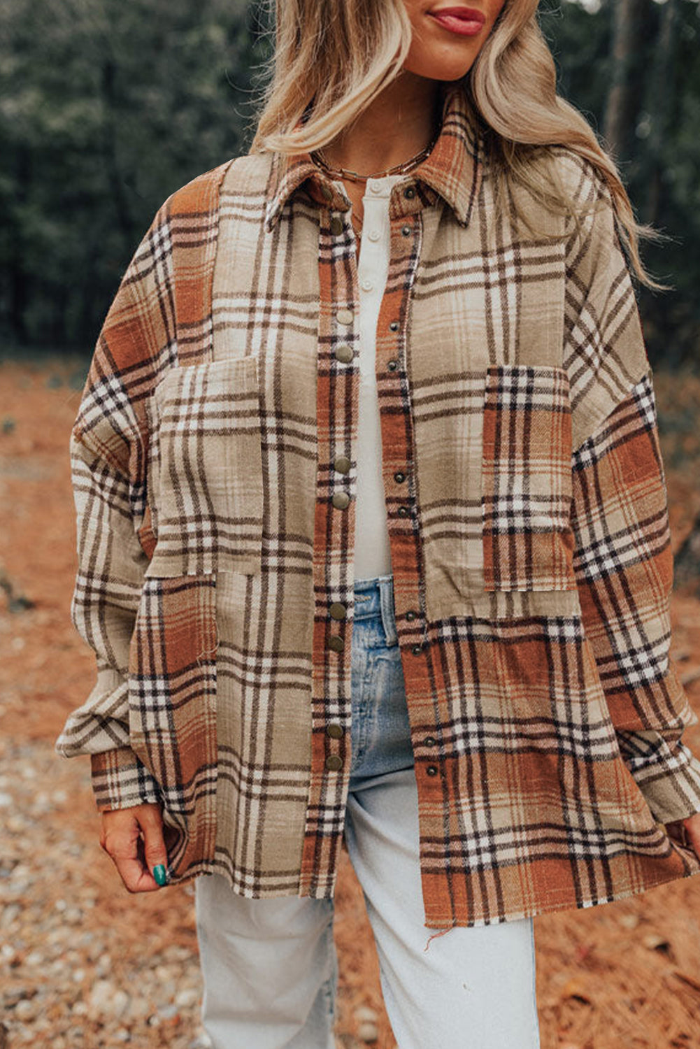 Khaki Plaid Pocket Colorblock High Low Shacket Khaki 100%Polyester 82d1b47cdd67ad41