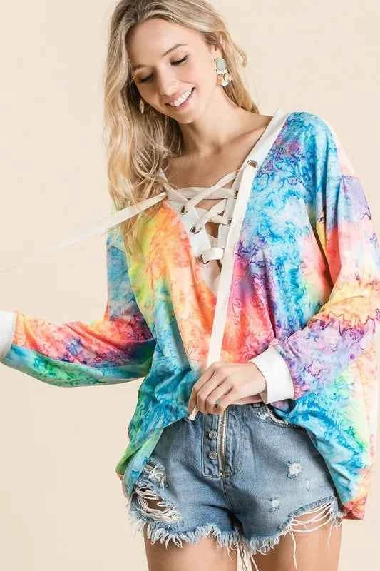 BiBi Tie Dye Deep V-neck Top With Lace Up Front 82d3aaab10cf4b1ca1a86506ef3ab45a-Max-Origin