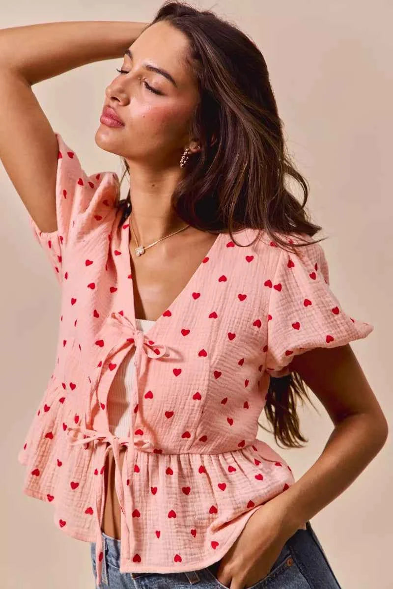 SO ME All Over Heart Ribbon Tie Baby Doll Valentine Blouse 82d6478a0f014242ab9aed70f9e77978-Max-Origin